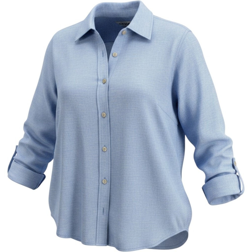 Orvis Classic Collection Blue Linen Rayon Roll Tab Button Down Shirt Womens L
